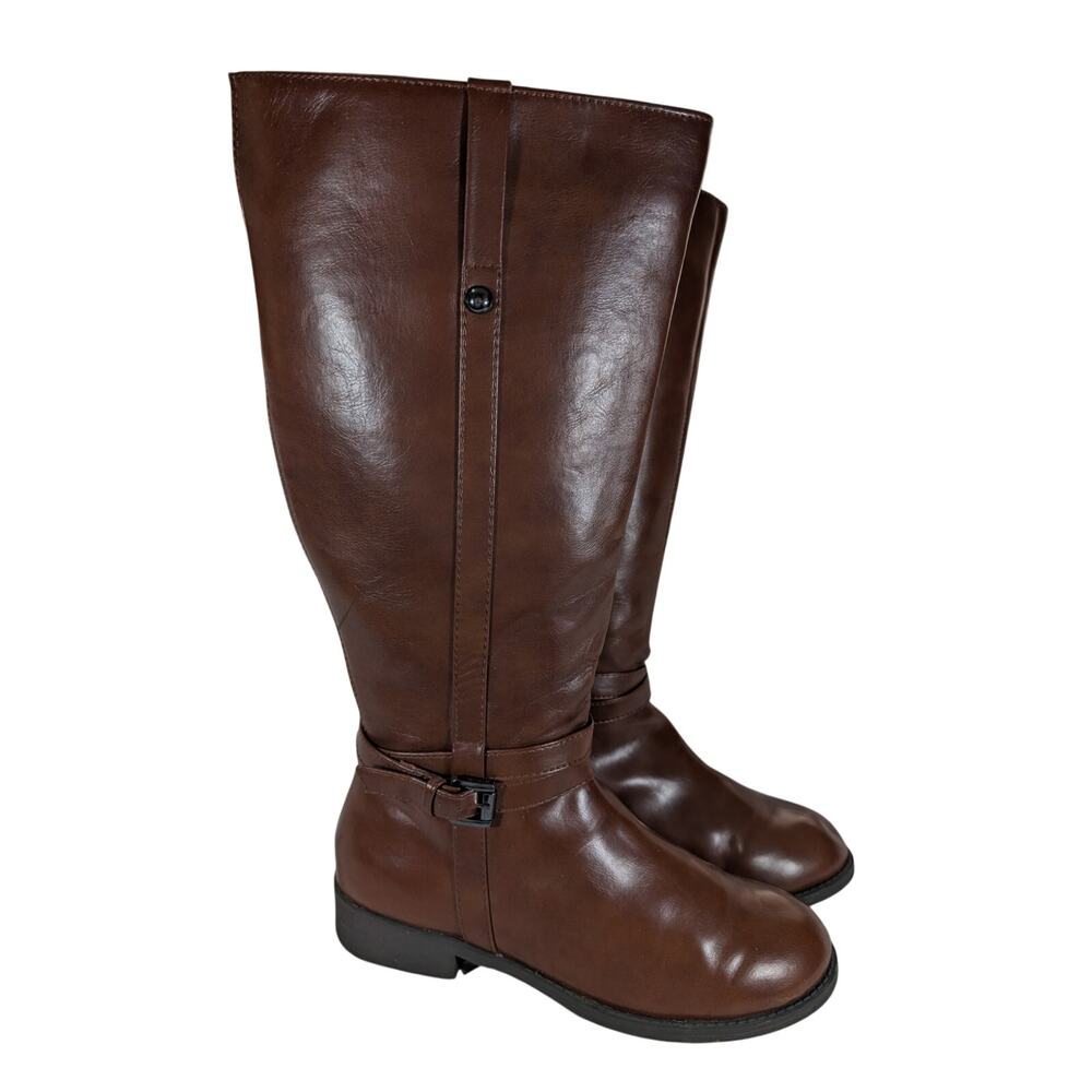 AMERICAN EAGLE! COGNAC BROWN VEGAN LEATHER DOUBLE STRAPPED ANKLE BOOTS! SZ 7W/WC